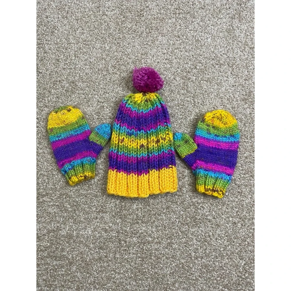 Vintage Multicolor Chunky Crochet Beanie Pompom‎ Winter Hat Gloves Set